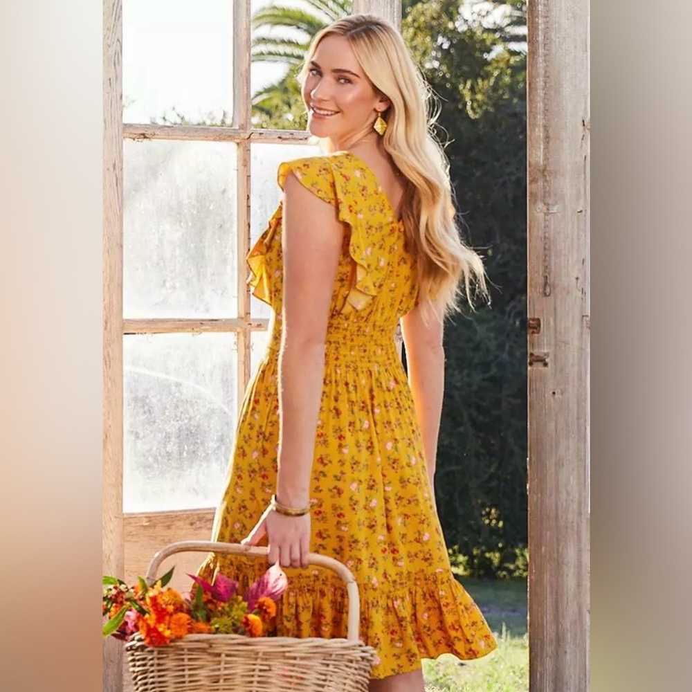 Matilda Jane Mini Dress Size M Yellow Floral Ruffle Sleeve Boho Summer Cotton‎
